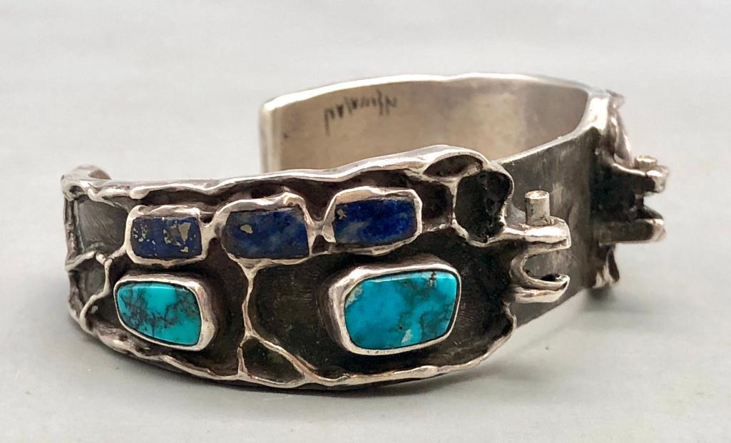 Vintage Lapis And Turquoise Watch Bracelet: For your bidding enjoyment, we present a vintage lapis and turquoise watch bracelet. This beautiful bracelet features turquoise and lapis cabochons that are displayed in a silver bezel with raise