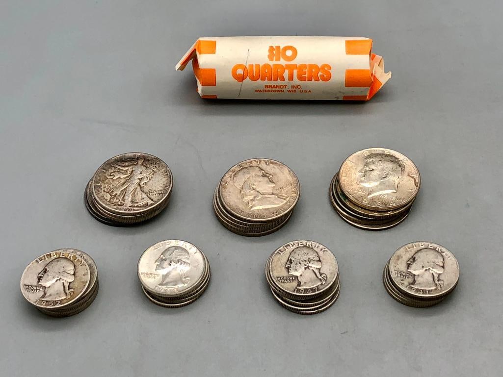 Sixty-one Silver Quarters & Fifteen Silver Half Dollars: Offered for sale in this lot are 61 silver quarters and 15 silver half dollars. Did you know that quarters minted before 1965 are made of about 90% silver? And the half dollars in this lot are a mix o