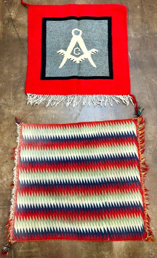 Two Antique German Town Navajo Weavings: Available here for your consideration are two antique Germantown Navajo weavings. One of these weavings beautifully displays a square and set of compasses joined, the symbol of Freemasonry. The other 