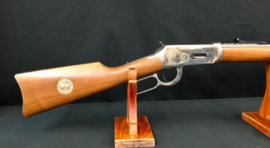 Winchester 1894 Cowboy Commemorative Carbine: For your bidding pleasure is a Winchester Cowboy Commemorative Carbine. It is chambered in .30-30, has Brave Land/Bold Men inscribed on the left side of the receiver with a 20 inch round barrel. The b
