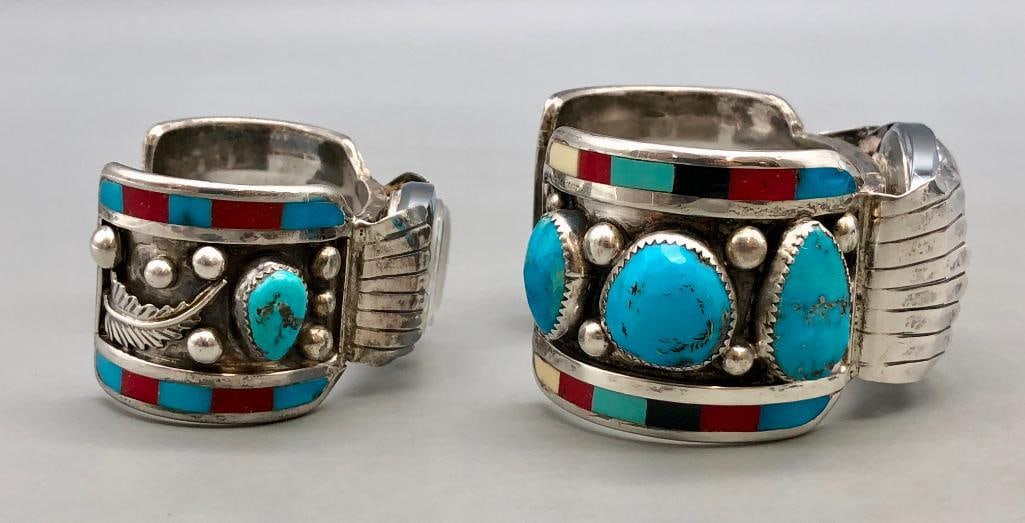 His And Hers Turquoise And Inlay Watch Cuffs By Albert Platero: Presented for your consideration are his and hers turquoise and inlay watch cuffs by Albert Platero. The man's watch bracelet features six turquoise cabochons resting in handmade silver bezels. St