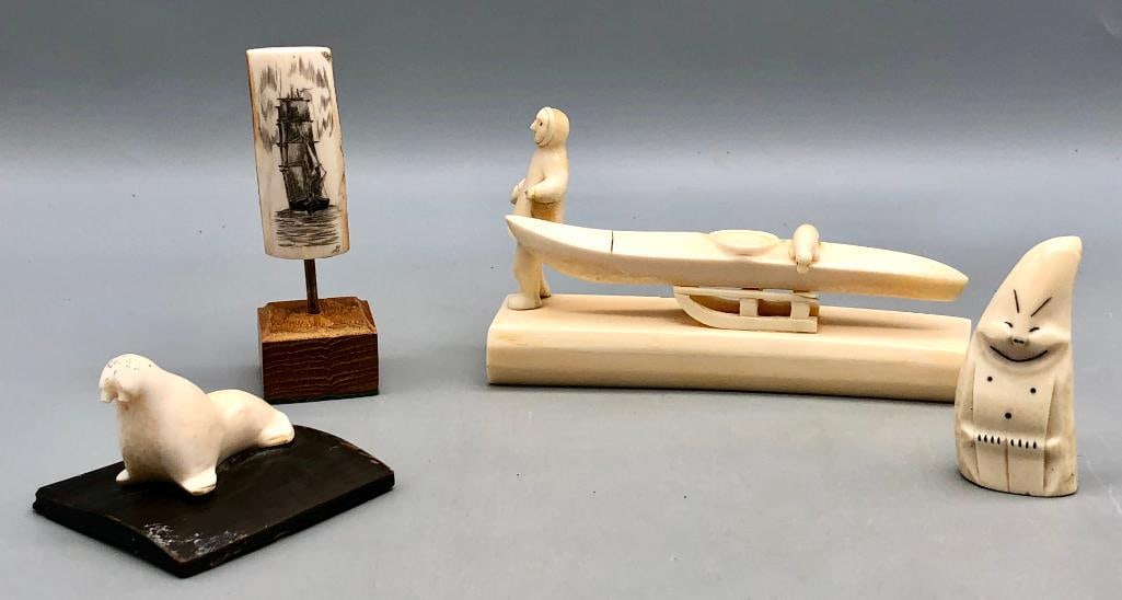 Fossilized Ivory Carvings: Offered here for your consideration is a lot of fossilized ivory carvings. These creative pieces are scrimshaw, which is the art of engraving on or carving items from whale bone, sperm whale teeth, wa