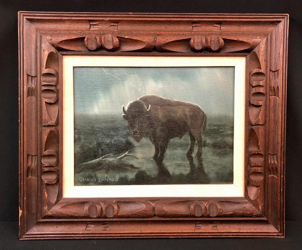 Original Oil Painting By Charles Damrow: Offered here for your consideration is an original oil painting by Charles Damrow. It is night and an intense thunder and lightning storm pounds the western prairie when, suddenly, a lightning strike