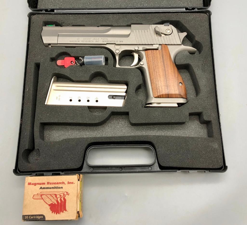 Desert Eagle 50AE Semi-automatic Pistol.: Hello! Take a look at this bad boy! For your bidding pleasure is a Magnum Research Inc. Desert Eagle Semi-automatic pistol chambered in 50AE. This pistol was manufactured by Israel Weapon Industries I