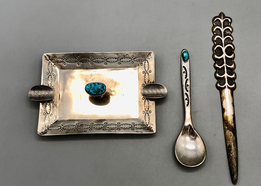 Sterling Silver And Turquoise Ashtray And Spoon With Sterling Silver Letter Opener (1 of 15)