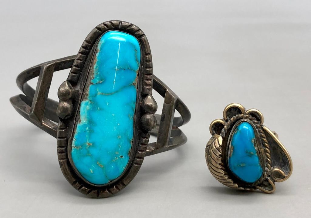 Blue Turquoise And Sterling Silver Bracelet With Ring (1 of 8)