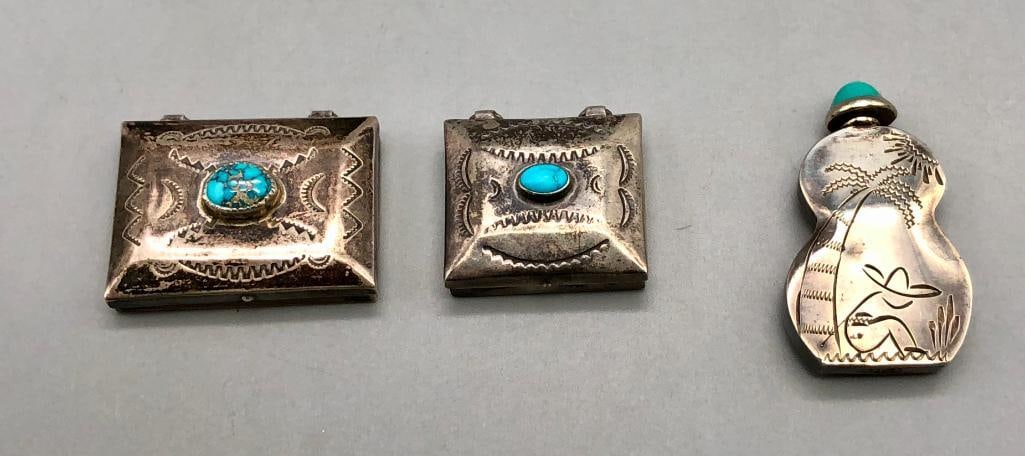 Two Small Sterling Silver And Turquoise Pill Boxes And Perfume Dobber: Offered here for your consideration are two small sterling silver and turquoise pill boxes and perfume dobber. Each of these pieces features one small turquoise cabochon resting in a handmade silver b