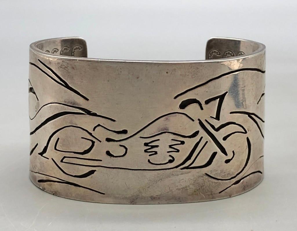 Hefty Sterling Silver Bracelet With Stamping on the Inside And Scene On the Outside (1 of 9)