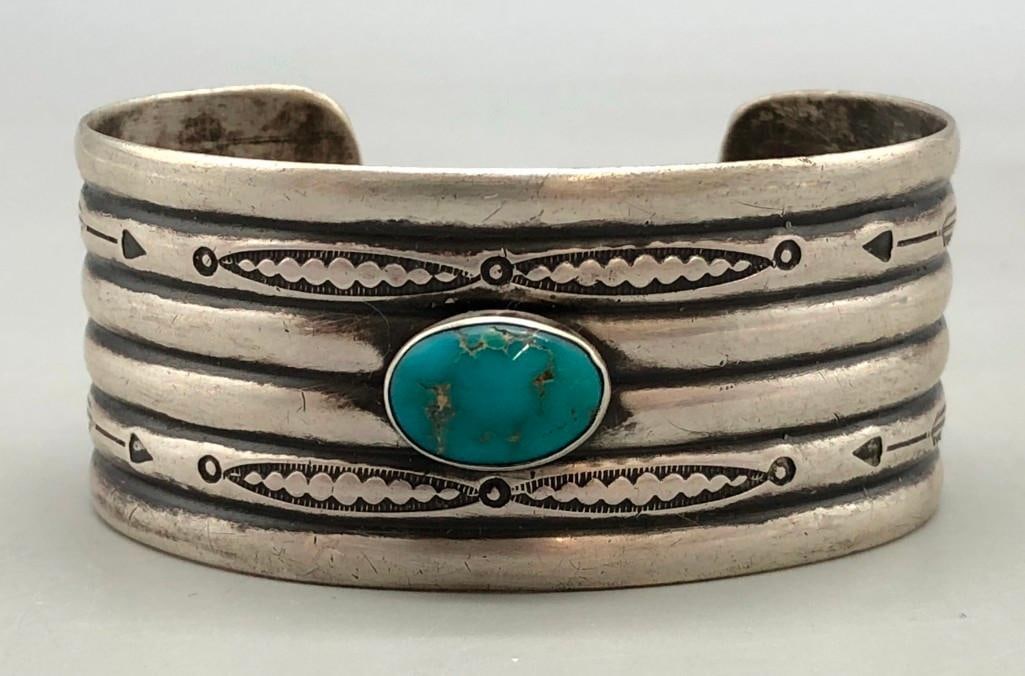 Circa 1940s Era Turquoise And Sterling Silver Bracelet (1 of 8)