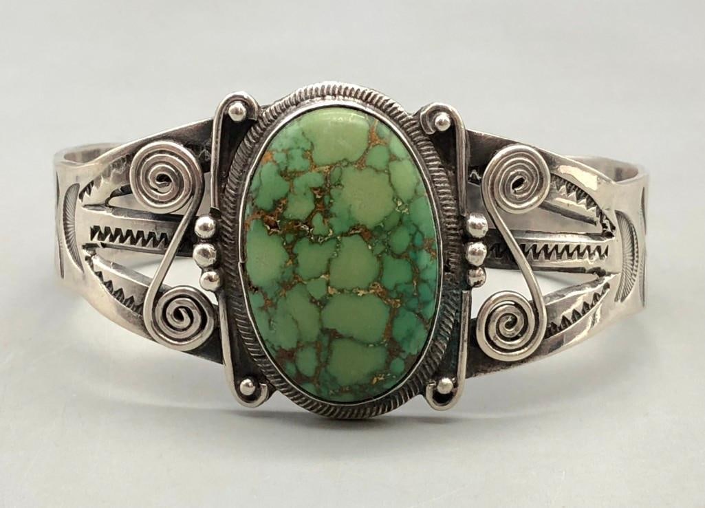 Circa 1930s to 1940s Sterling Silver Bracelet With A Great Turquoise Stone (1 of 8)