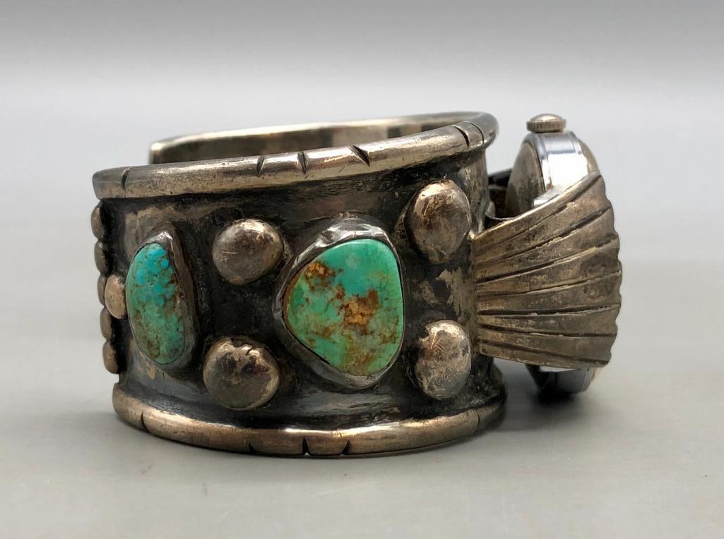 Vintage Turquoise And Sterling Silver Watch Bracelet (1 of 9)
