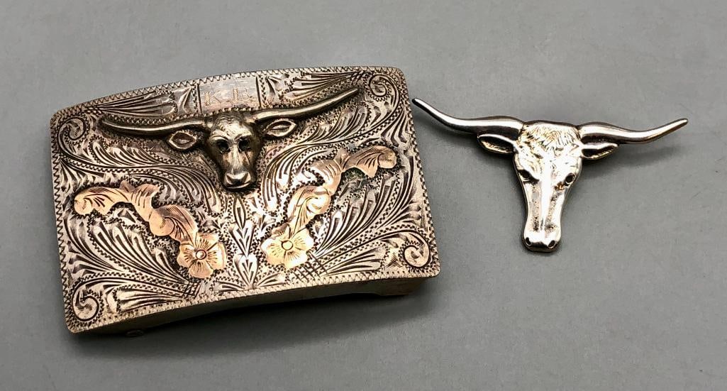 Vintage Steer Head Belt Buckle And Pin (1 of 11)