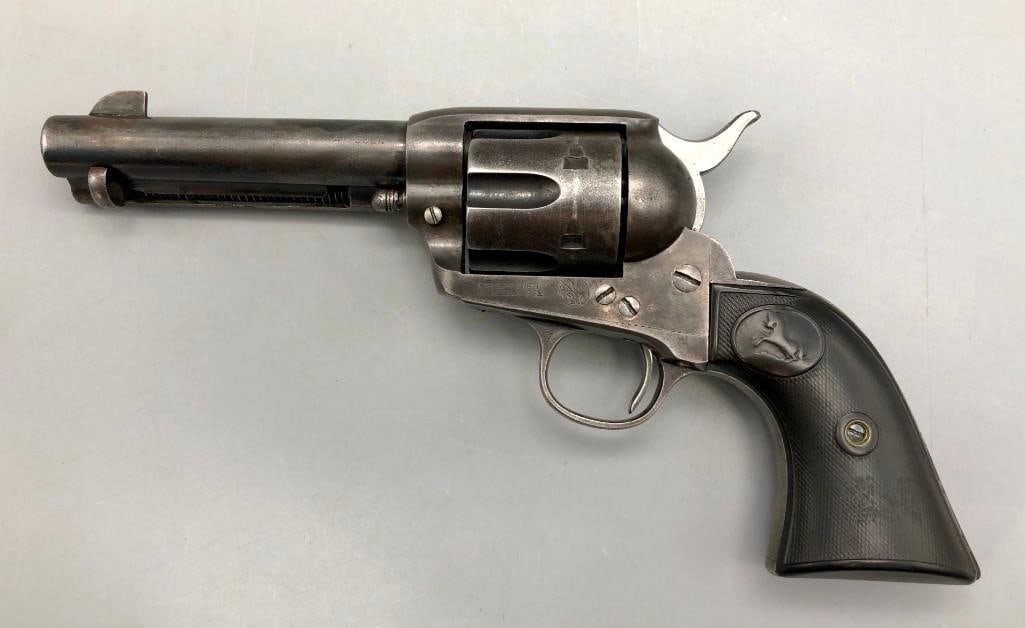 Colt First Generation Single Action Army Revolver: For your bidding pleasure is a Colt SAA chambered in .41 Colt. It has a 4 3/4 inch barrel and brown plastic grips. It was manufactured in 1911. This first generation Colt SAA will make a fine addition
