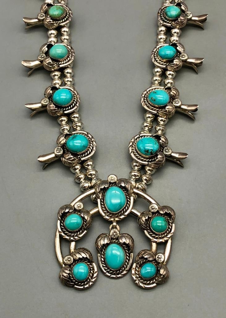 Turquoise And Sterling Silver Squash Blossom Necklace (1 of 12)