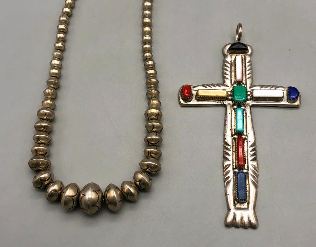 Graduated Silver Bead Necklace And Large Cross Pendant By Iule. (1 of 9)