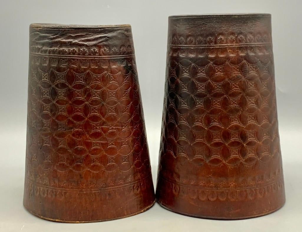 Antique Leather Cowboy Wrist Cuffs: For your consideration are an old pair of handmade leather wrist cuffs. This set of cuffs has been tooled/stamped by hand and would be a valuable addition to any cowboy collection. Leather wrist cuffs