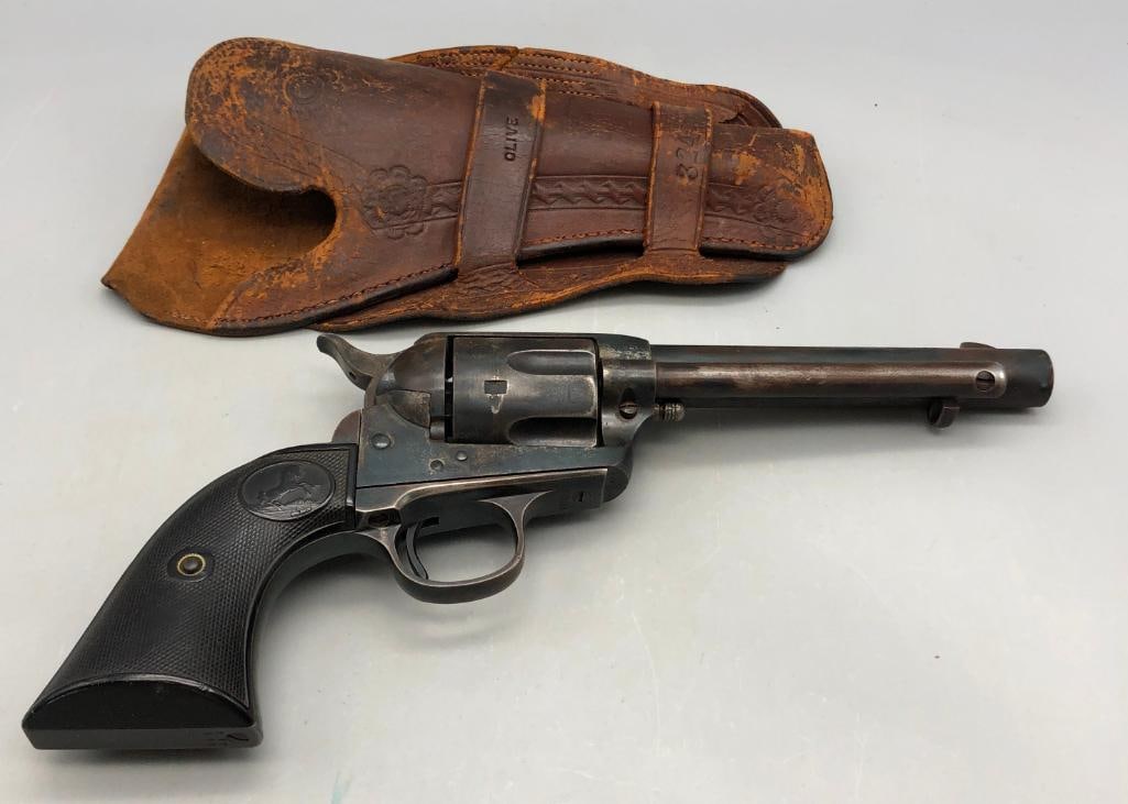 Colt Single Action Army Revolver: For your bidding pleasure is a Colt Single Action Army revolver chambered in .32 WCF. It comes with an original Olive brand Mexican loop leather holster. This revolver is in a great caliber and appear