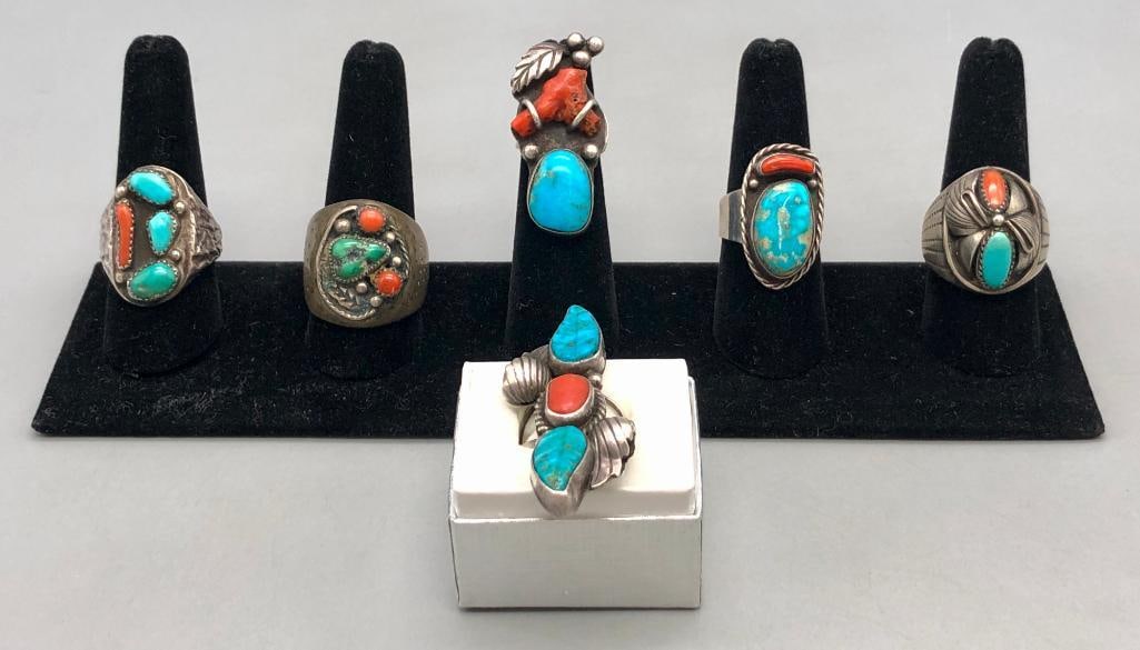 Six Vintage Turquoise And Coral Rings (1 of 17)