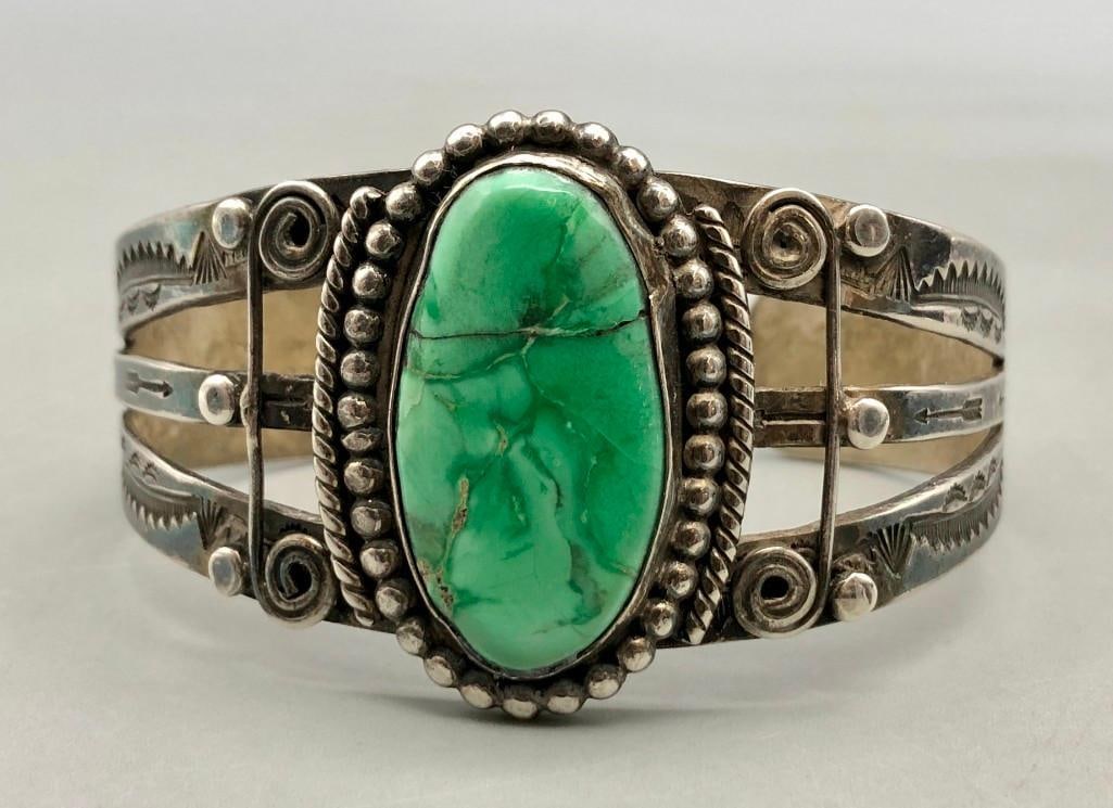Circa 1940s Era Sterling Silver Bracelet With Green Stone (1 of 10)