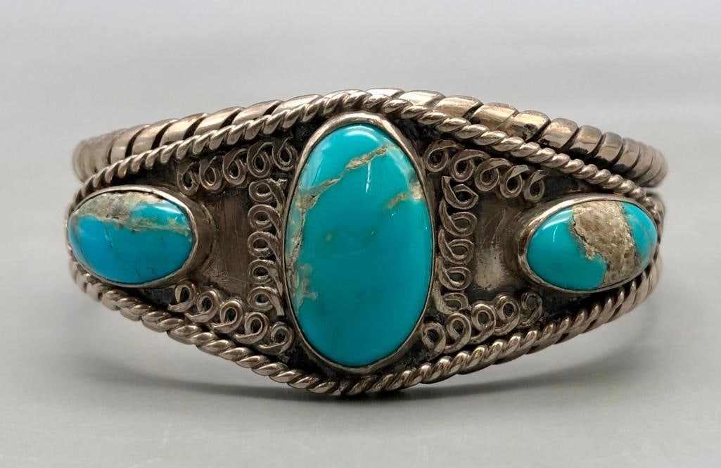 Older Three Stone Turquoise Bracelet With Handmade Twisted Wire (1 of 9)