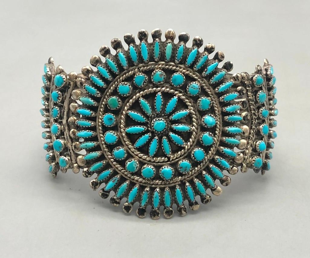 Nice Vintage Turquoise And Sterling Silver Cluster Bracelet (1 of 8)