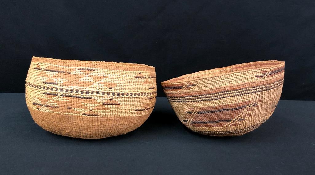Two Hupa Baskets: Offered here for your consideration are two Hupa Baskets. Both are bowl shaped and replete in polychrome geometric designs of tan, brown and black colors. The Hupa tribe was located in the Northwester