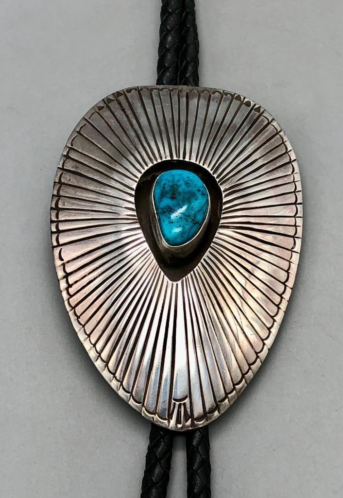 Nice Larger Size Turquoise And Sterling Silver Bolo Tie (1 of 10)