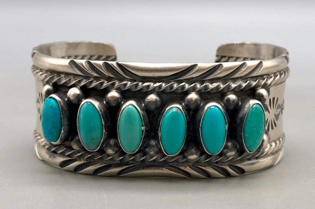 Sterling Silver And Six Stone Turquoise Bracelet (1 of 9)