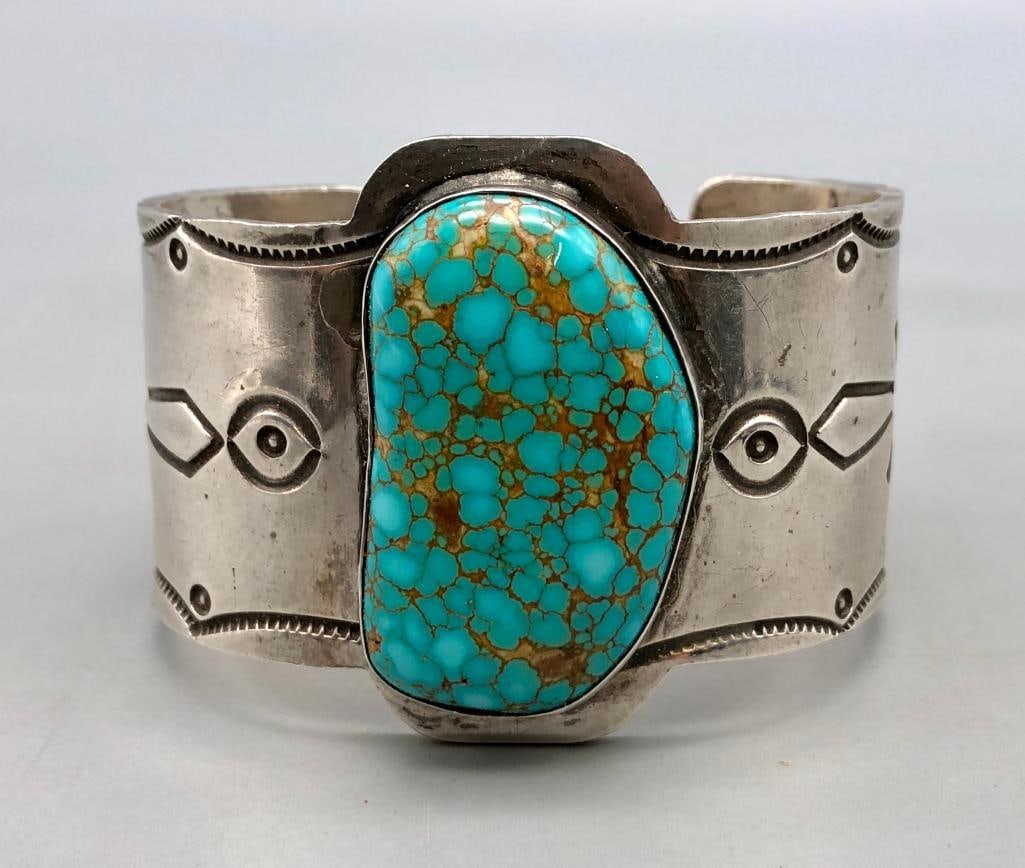 Nice Webbed Turquoise And Sterling Silver Bracelet (1 of 8)
