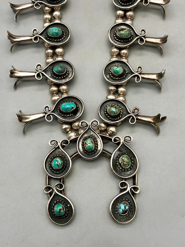 1960s Turquoise And Sterling Silver Squash Blossom Necklace (1 of 13)