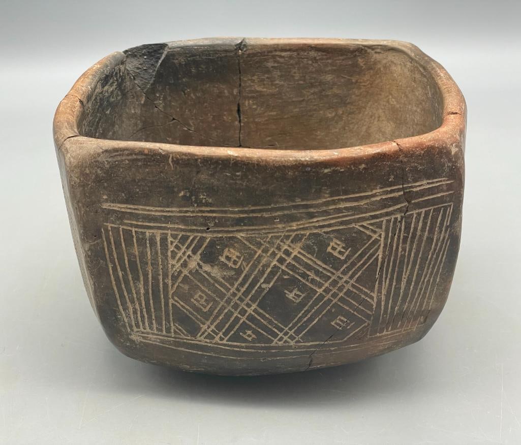 Unique Square Shaped Prehistoric Pottery Bowl (1 of 11)