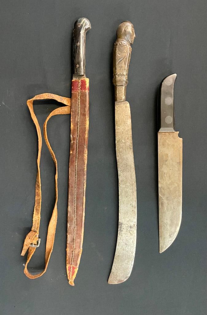 Two Antique Machetes and Texian Fighting Knife.: Offered here for your consideration are two antique machetes and one Texian fighting knife. The first machete has a 17 7/8 inch blade with fullers on both sides. It is 22 5/8 inches in overall length.