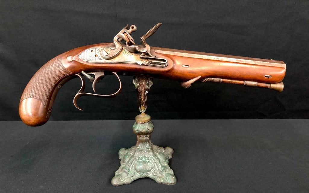 Antique Edinburgh Flintlock Pistol: Offered here for your consideration is a 19th century Edinburgh Flintlock pistol. It appears to be .577 which was common for Scottish flintlocks. It has a wood stock with fine checkering and mild engr