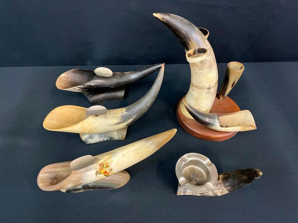 Group Of Antique Horn Ash Trays, Etc.: Offered here for your consideration is a group of antique horn ash trays, etc. These souvenir ashtrays exemplify some interesting uses for bone. One uses the bone as a base for an aluminum ashtray, th