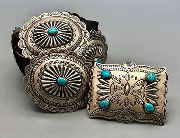 Important Floyd Arviso Vintage Native American Navajo Turquoise Sterling Silver Concho Belt Important Floyd Arviso Vintage Native American Navajo Turquoise Sterling Silver Concho Belt