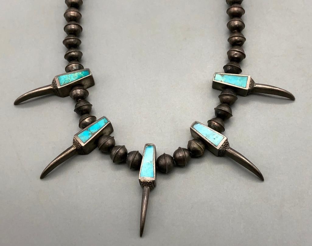 Turquoise And Sterling Silver Bear Claw Style Necklace (1 of 8)