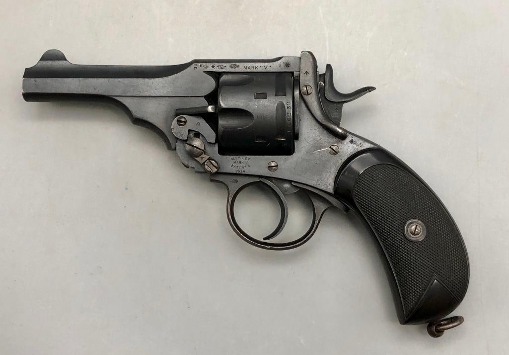 Webley Mark V Double Action Revolver.: For your bidding pleasure is a very nice example of a Webley Mark V revolver. It is chambered in .455 Webley and is all original. This is a revolver that sports a lot of history and should be added to
