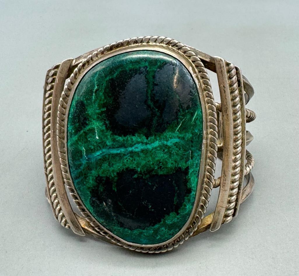 Vintage Sterling Silver Bracelet With Large Chrysocolla And Black Pyrite (1 of 9)