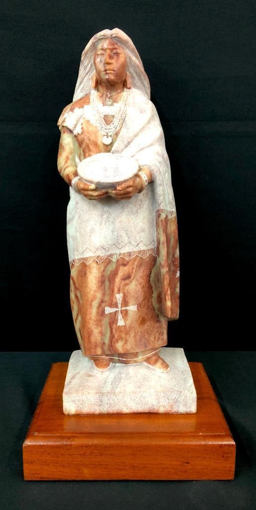 Sculpture By Oreland C. Joe, Sr. Alabaster Sculptor: Offered here for your consideration is a sculpture by Oreland C. Joe, Sr. alabaster sculptor. In this sculpture the subject appears have both hands presenting a filled bowl, while dressed in fine, tra