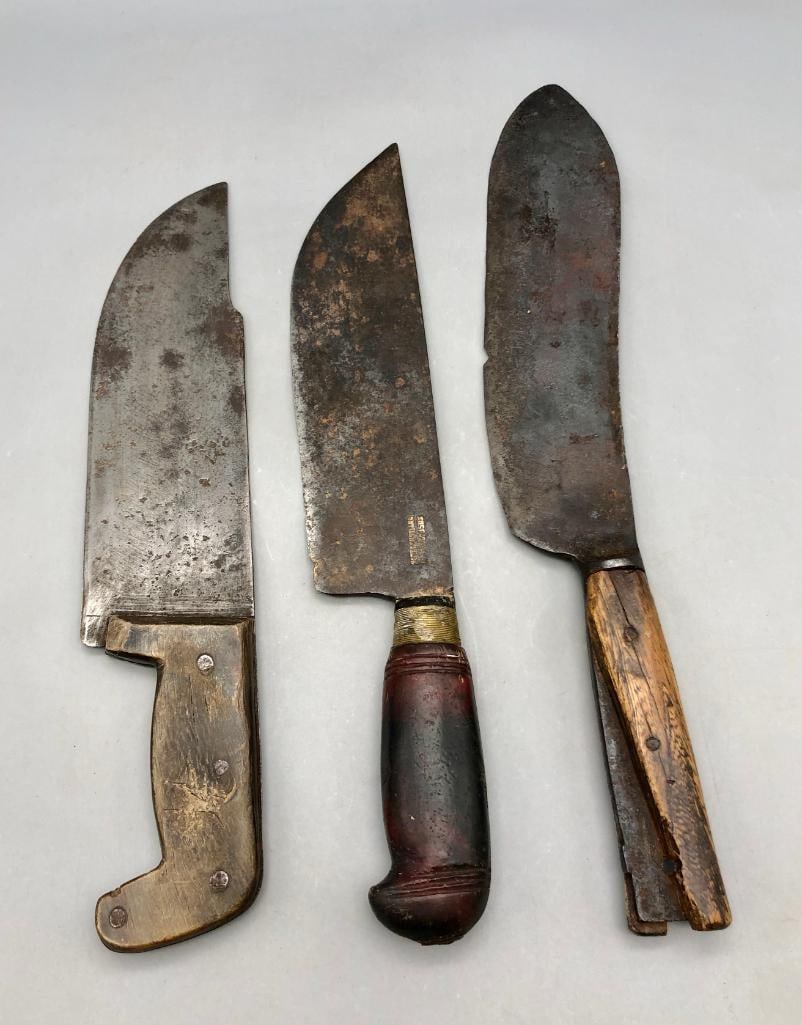 Group Of Three Large Antique Hand Forged Knives (1 of 7)