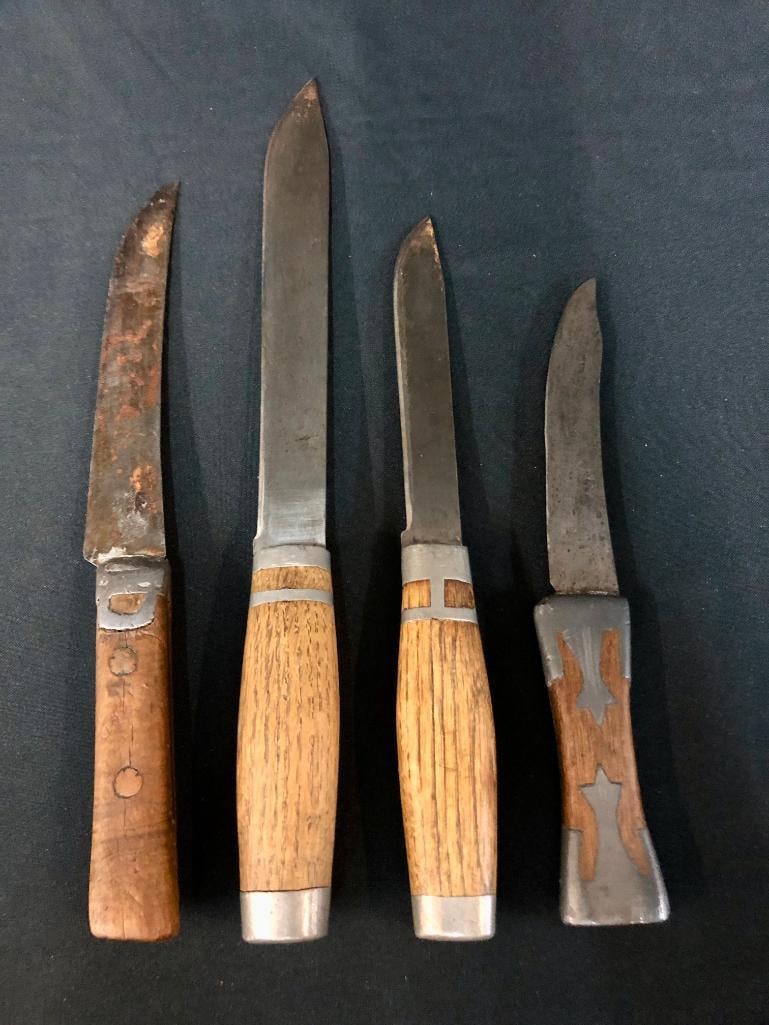 Lot Of Four Antique Hand Forged Trade Knives With Pewter Inlay Handles (1 of 12)