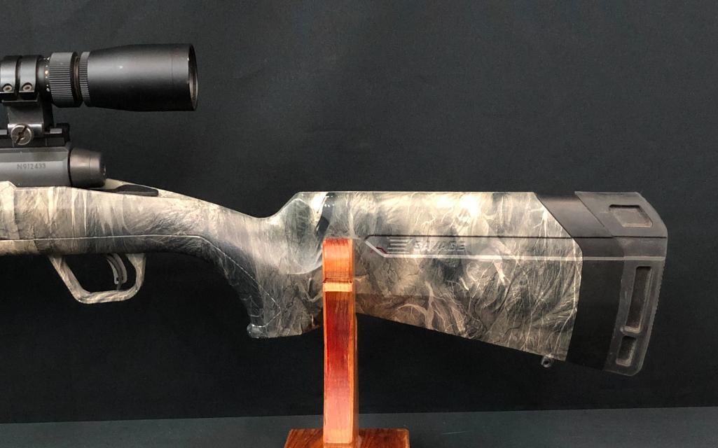 Savage Axis Bolt Action Rifle: For your bidding pleasure is a Savage Axis Bolt Action Rifle chambered in 22-250 Remington. This rifle has a camouflaged synthetic stock and is equipped with a Leopold 3x9x50 Rifleman scope. This is a