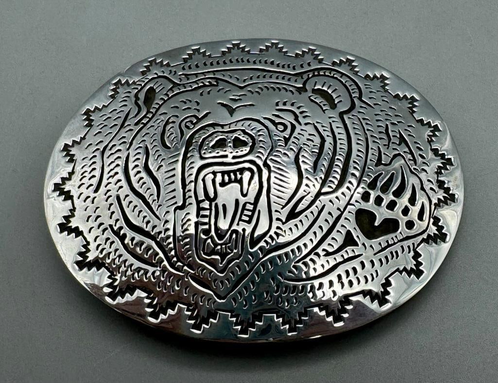 Benson Manygoats Sterling Silver Bear Themed Overlay Belt Buckle: For your bidding pleasure is a Benson Manygoats sterling silver bear themed overlay belt buckle. This buckle created by a multiple award winning artist features a stunning open mouth bear themed desig