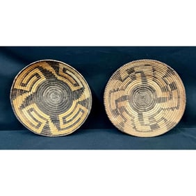 Two Antique Pima Baskets In Whirling Logs And Fret Designs