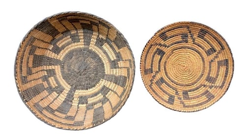 Two Antique Pima Baskets In Squash And Waves Designs