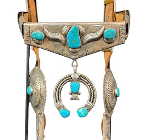 Great Sterling Silver And Webbed Turquoise Navajo Bridle