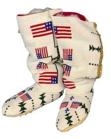 Patriotically Themed Beaded High Top Moccasins By Imogene Big Medicine