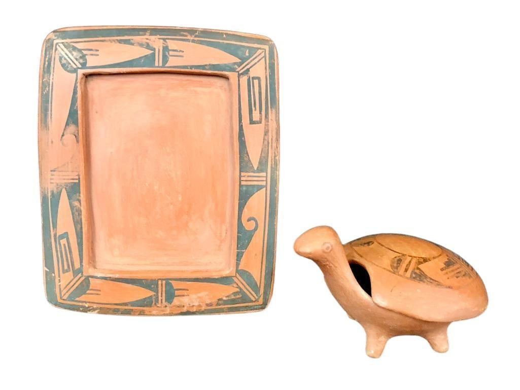 Hopi Pottery Turtle And Picture Frame: Presented here for your consideration are a Hopi pottery turtle and a Hopi pottery picture frame. These unique items are perfect for your counter top! Keep your favorite picture in the frame and your 