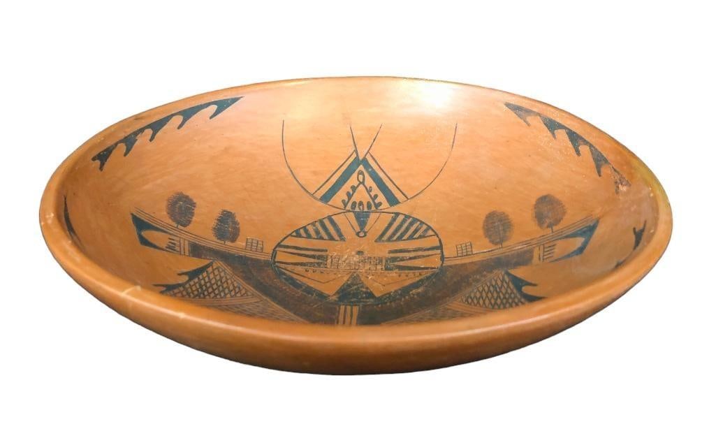 Vintage Hopi Redware Bowl: Presented here for your consideration is a vintage Hope redware bowl. This bowl is nicely decorated on its inside with a detailed portrait of a kachina dancer from the shoulders up. The dancer's m