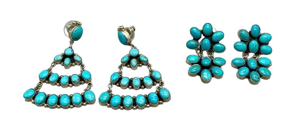 Two Pair Turquoise Cluster Earrings By Jennifer Begay: Offered here for your consideration are two pair of turquoise cluster earrings by Jennifer Begay. The first pair of post back earrings features a floral design created with oval turquoise cabochons re